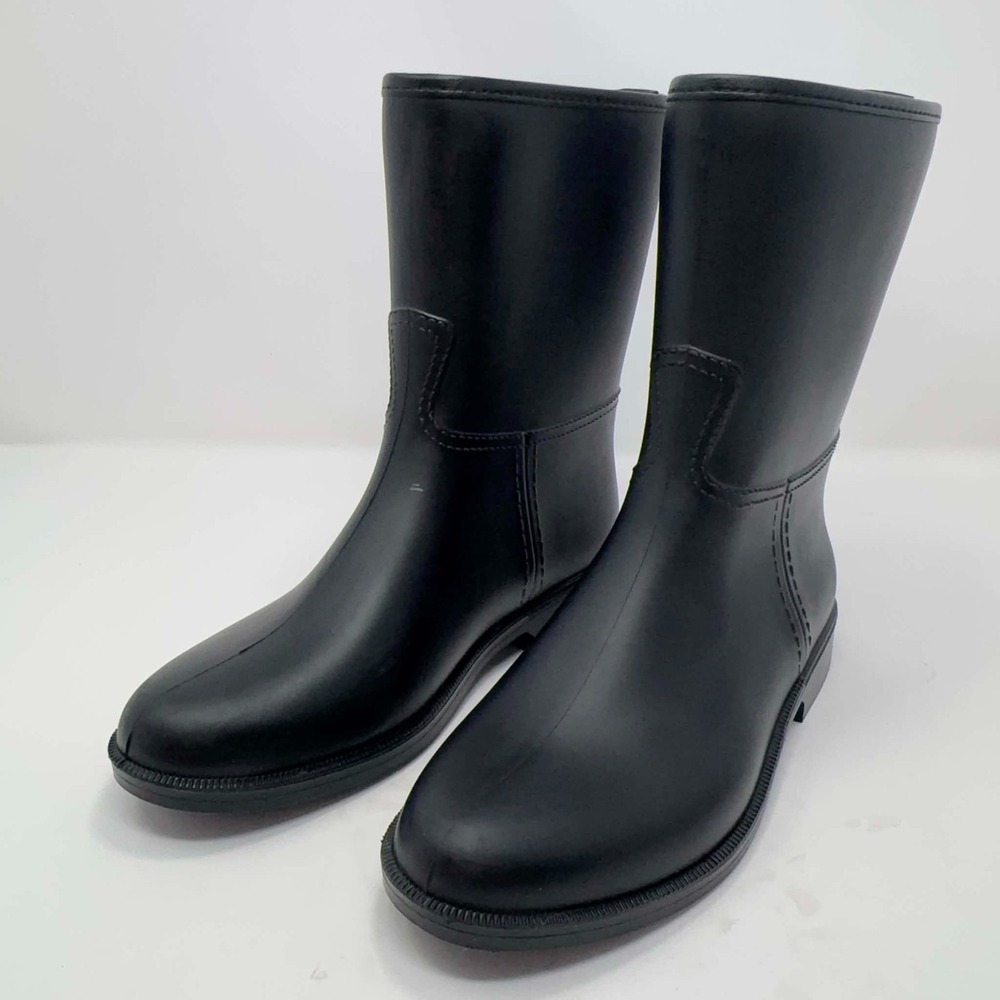 NEW Barneys New York Black Rubber Riding Rain Boots Womens 37 US 6.5  Mid Calf